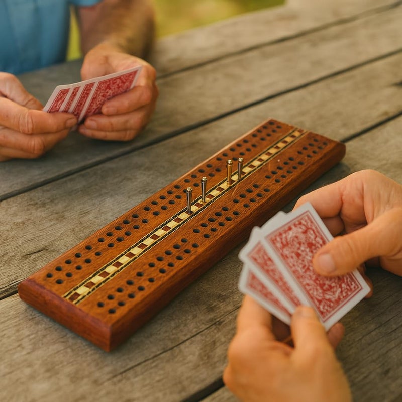 Sterling Games Wooden Cribbage 12 inch Double Track Cribbage Board with Rich Italian Inlaid for 2 Players Playing Cards Included - Image 4